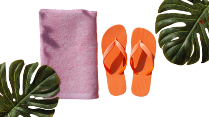 Flip-flops and beach towel flat lay, pastel colors, bright summer aesthetic, PNG