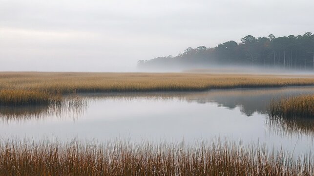 Chesapeake Bay marshland cordgrass patterns: morning fog soft focus background for conservation education, tranquil art 