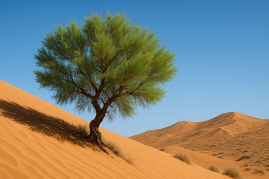 A desert landscape featuring a saksaul tree thriving on a sandy incline