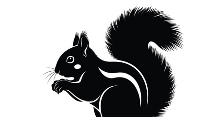 Silhouette of a squirrel eating with a bushy tail on white background