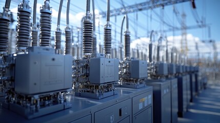 Industrial power station equipment. Rows of gray metal electrical switchgear with coiled cables