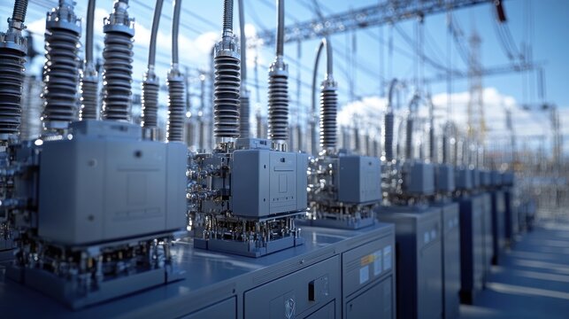 Industrial power station equipment. Rows of gray metal electrical switchgear with coiled cables