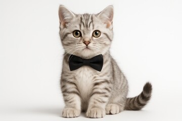 Obraz premium Adorable youthful silver tabby kitten with a bow tie, posing and gazing at the camera on a white backdrop