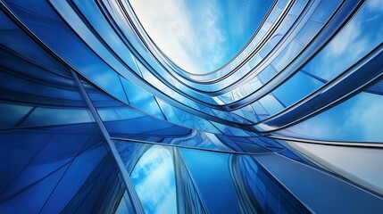 Modern architecture featuring blue glass and a curved design, showcasing a contemporary building and reflecting the sky