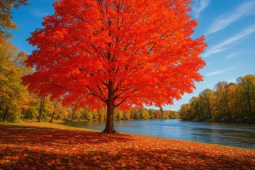 Fotobehang Scenic autumn landscape featuring vibrant red foliage by a flowing river under clear skies © TheWaterMeloonProjec