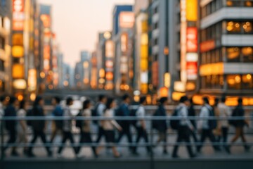 Fototapeta premium Abstract blurred scene of tourists crossing a bridge in a bustling urban area