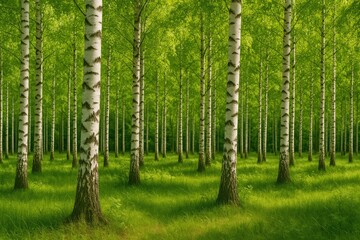 Naklejka premium Stunning white-barked birch trees surrounded by lush green leaves in a summer forest