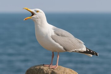 A mature Herring Gull resting and calling on a coastal rock by the ocean