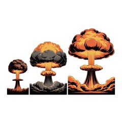 Set of nuclear explosions and mushroom cloud isolated on white bacground. 
