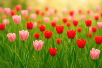 A colorful display of pink and red tulips on a garden bed