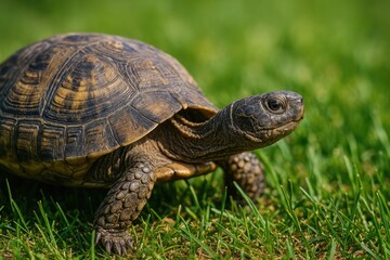 Detailed shot of a turtle resting on a green field