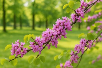 Obraz premium Springtime display of stunning lilac pink blooms on the Cercis plant in the park
