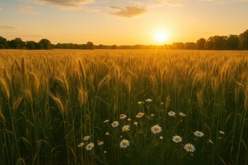 Stunning golden wheat landscape during sunset