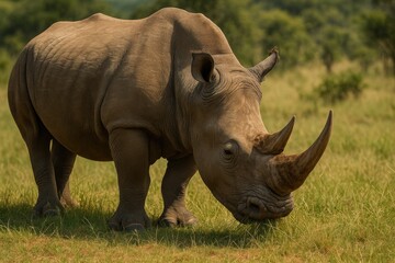 Obraz premium A male rhinoceros grazing on grasses