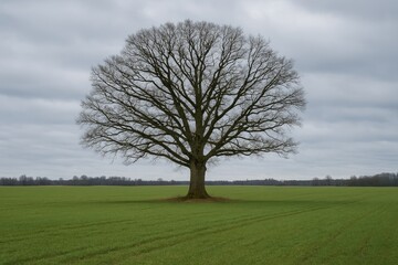 Fototapeta premium Vast farmland featuring a towering oak amidst lush greenery, with a bare deciduous tree during late autumn under a cloudy sky.
