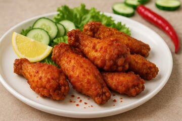 Fototapeta premium Spicy crispy chicken wings seasoned with pepper and served with cucumber