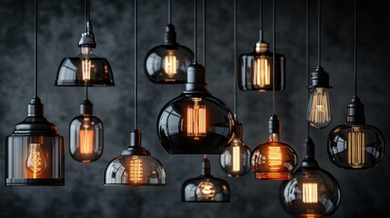 Obraz premium Many vintage-style lamps hang from a dark wall