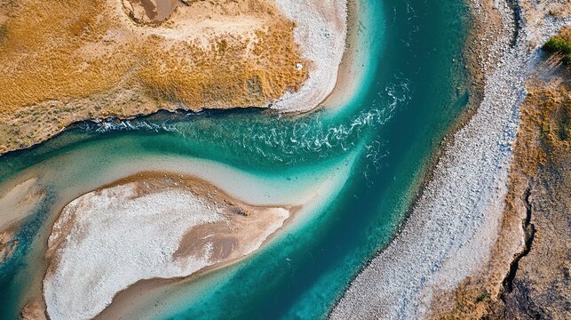 Aerial view Montana river confluence sediment mixing patterns: natural abstract art for geology textbooks, wall decor