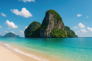 Fototapeta premium Stunning panoramic scene of towering peaks rising from the ocean on a sunny island with crystal-clear turquoise waters