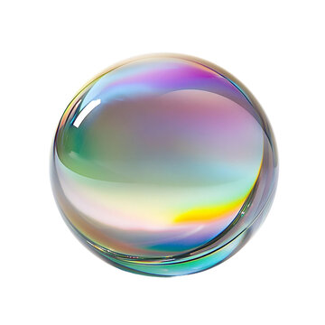 Transparent glass sphere with colorful iridescent gradient reflections and refractions in a minimalist modern abstract studio setting The spherical glass orb creates [Transparent Background PNG].