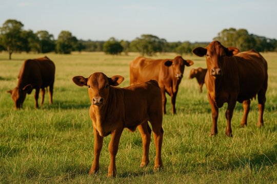 Young calf and adult cows grazing on a ranch