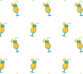 Summer seamless vector pattern with yellow cocktails in blue glasses, lemon slices, and straws on a light background. Perfect for packaging, summer cards, textile prints, web design, and wallpapers.