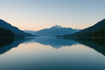 Dawn over a tranquil lake surrounded by mountain ranges in a scenic region, highlighting peaceful waters and a bright sky