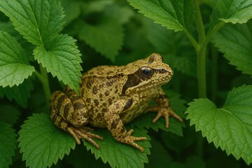 Obraz premium A frog blending into its surroundings near a plant