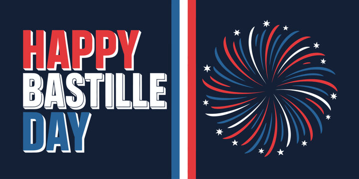 happy bastille day celebration with colorful fireworks, french flag colors, patriotic theme, festive greeting card for 14 july event