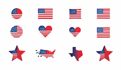 Patriotic American Flag Icons Stars Hearts States and Stripes on White