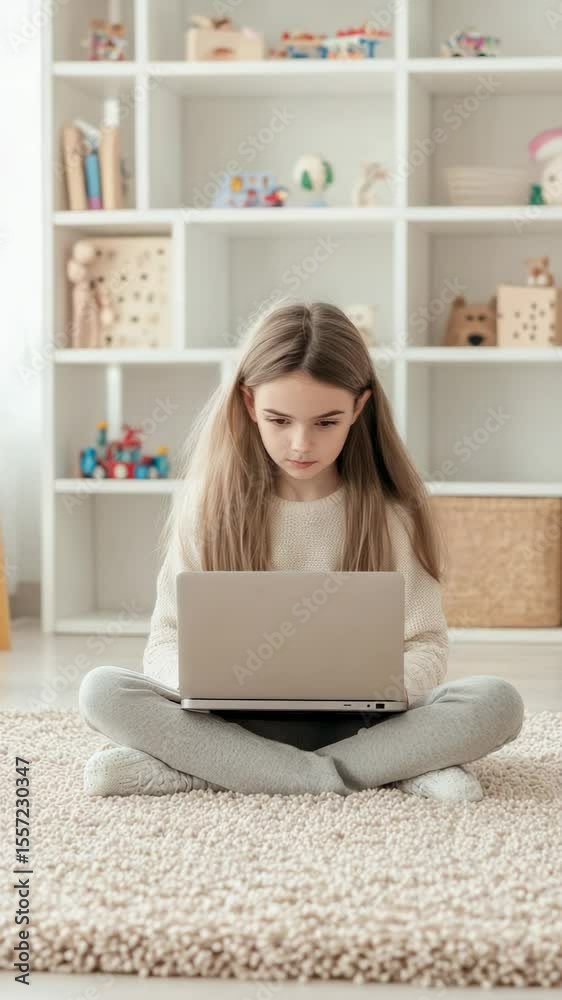 Poster blond elementary school pupil using laptop sitting on carpet in children's room with legs crossed an