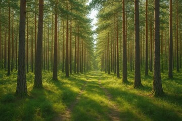 Fototapeta premium A woodland landscape featuring tall pine trees