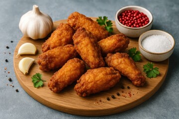 Fototapeta premium Vertical view of crispy chicken wings garnished with garlic and spices on a grey background