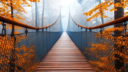 Fototapeta premium Misty autumnal suspension bridge through woods