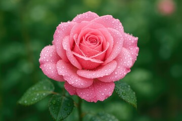 A blush-colored rose adorned with glistening dew