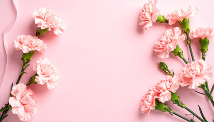 Top View of Pink Carnation Flower on Pastel Background for Mother's Day Celebration


