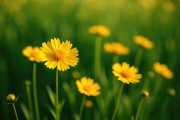 Vivid yellow blossoms detailed against lush green stems, captured with a soft background