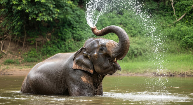Majestic elephant bathing playfully in a river splashing water joyfully	