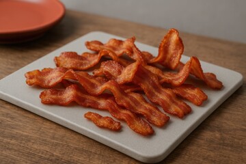 Crispy bacon pieces arranged on a wooden surface against a neutral backdrop