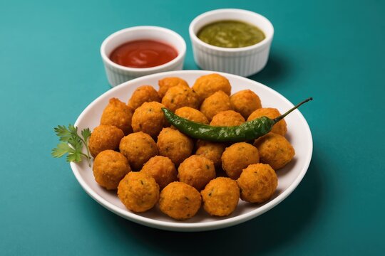 Delicious crispy moong dal fritters paired with spicy chili and vibrant sauces on a rustic background