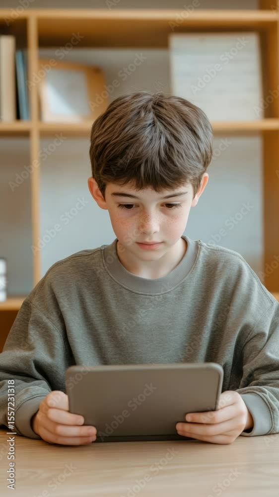 Poster elementary school student using digital tablet during class, sitting at desk in classroom with bookc