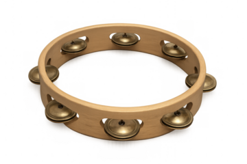 Wooden percussion instrument with brass jingles, gleaming against clear backdrop, emphasizing textural musical design