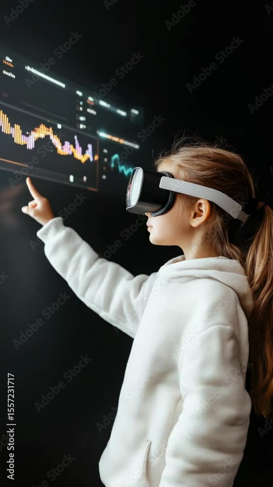 Aufkleber schoolgirl wearing vr headset interacting with virtual charts and graphs, experiencing immersive lea