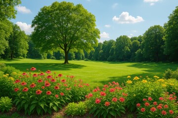 Obraz premium Lush outdoor gardens and parks filled with vibrant greenery, trees, and blooming flowers