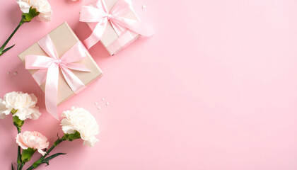 Top View of Pink Carnation Flower on Pastel Background for Mother's Day Celebration

