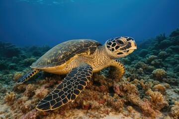 Obraz premium A Hawksbill turtle taking a break on a coral reef