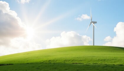 Obraz premium Wind turbine on green hill under bright sunny sky 