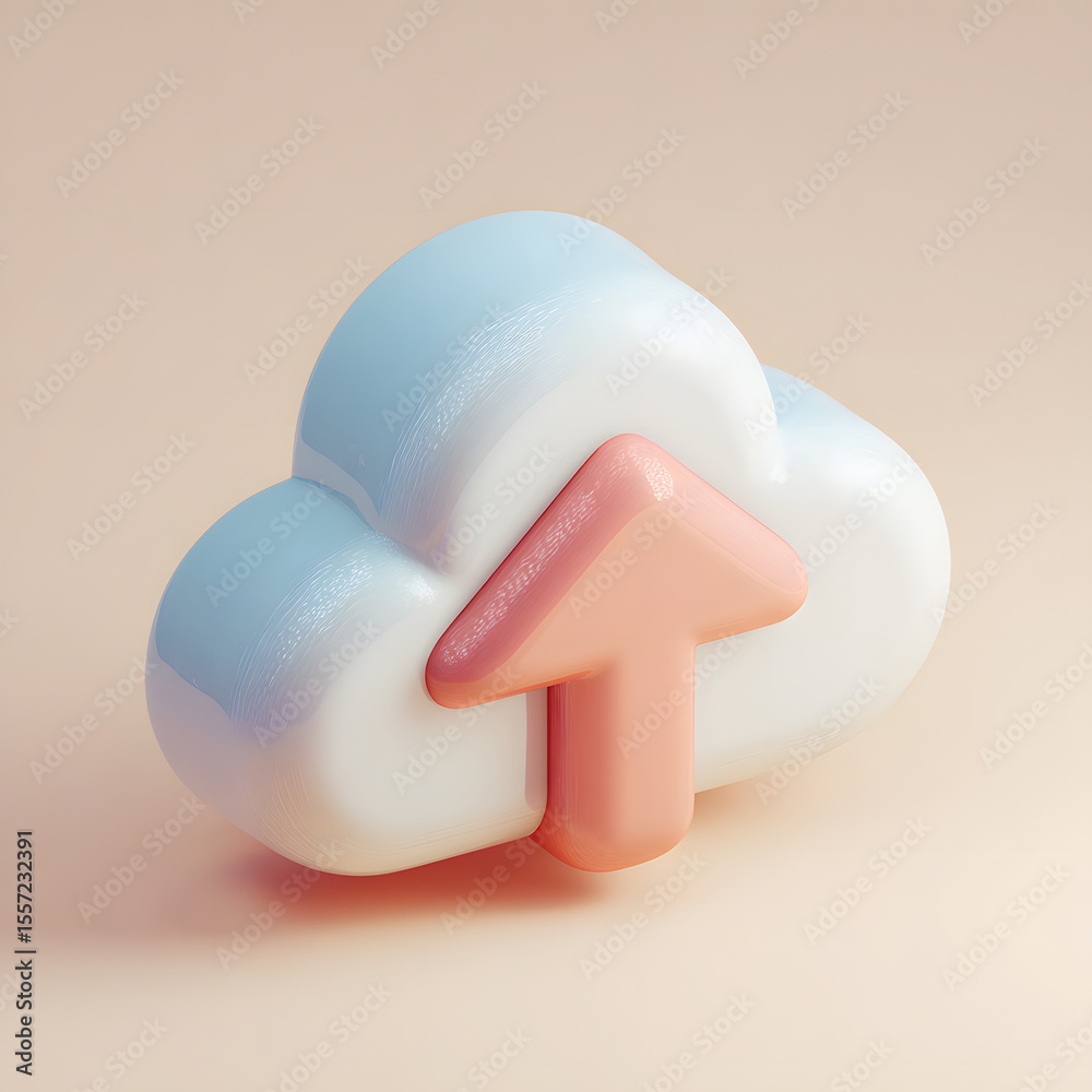 Poster 3D rendering of a stylized cloud with an upward-pointing arrow, symbolizing data upload or cloud computing.