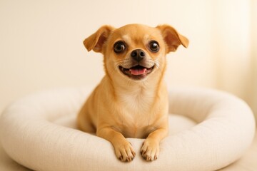 Close-up of an adorable Chihuahua resting on its bed and gazing upward under bright lights