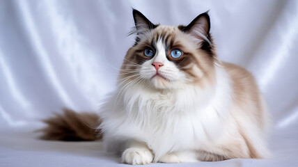 Fototapeta premium Ragdoll Cat Portrait: A stunning Ragdoll cat with striking blue eyes and a luxurious, fluffy coat, sits elegantly. Its captivating gaze draws the viewer in. 